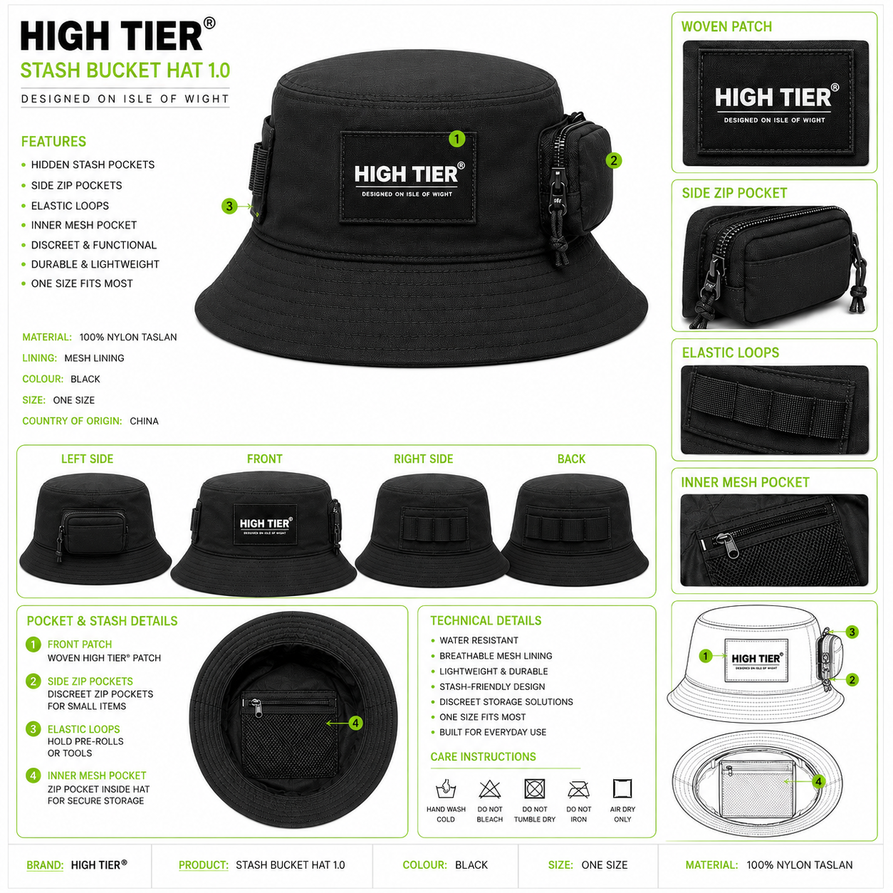 HIGH TIER® Stash Bucket Hat 1.0 — tech pack